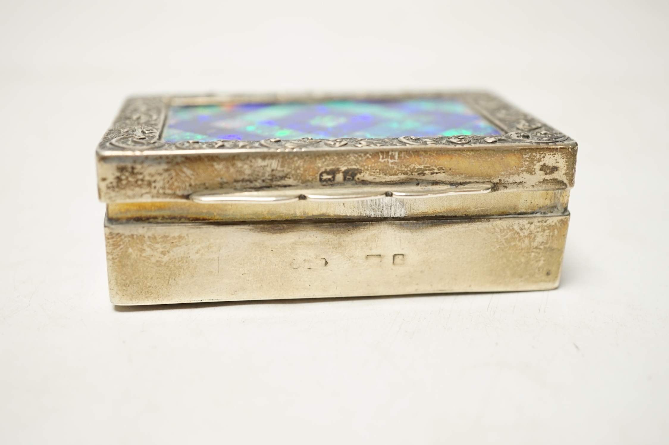 An Edwardian silver and black opal section set minaudiere?, marks rubbed, 73mm. Condition - poor